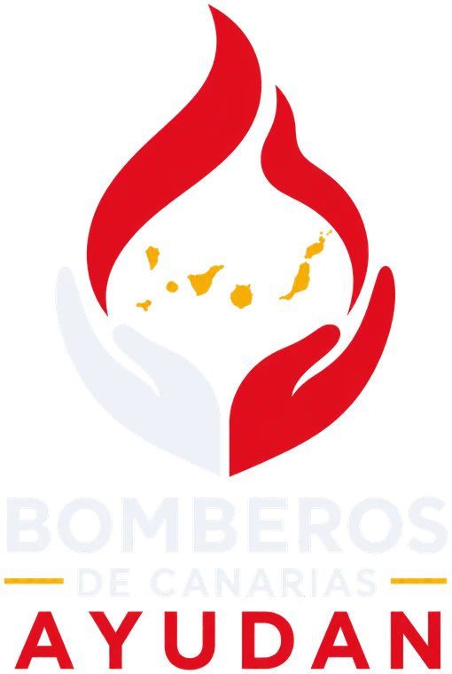 Logotipo de Bomberos de Canarias Ayudan: una llama roja sobre dos manos que sostienen el archipiélago canario